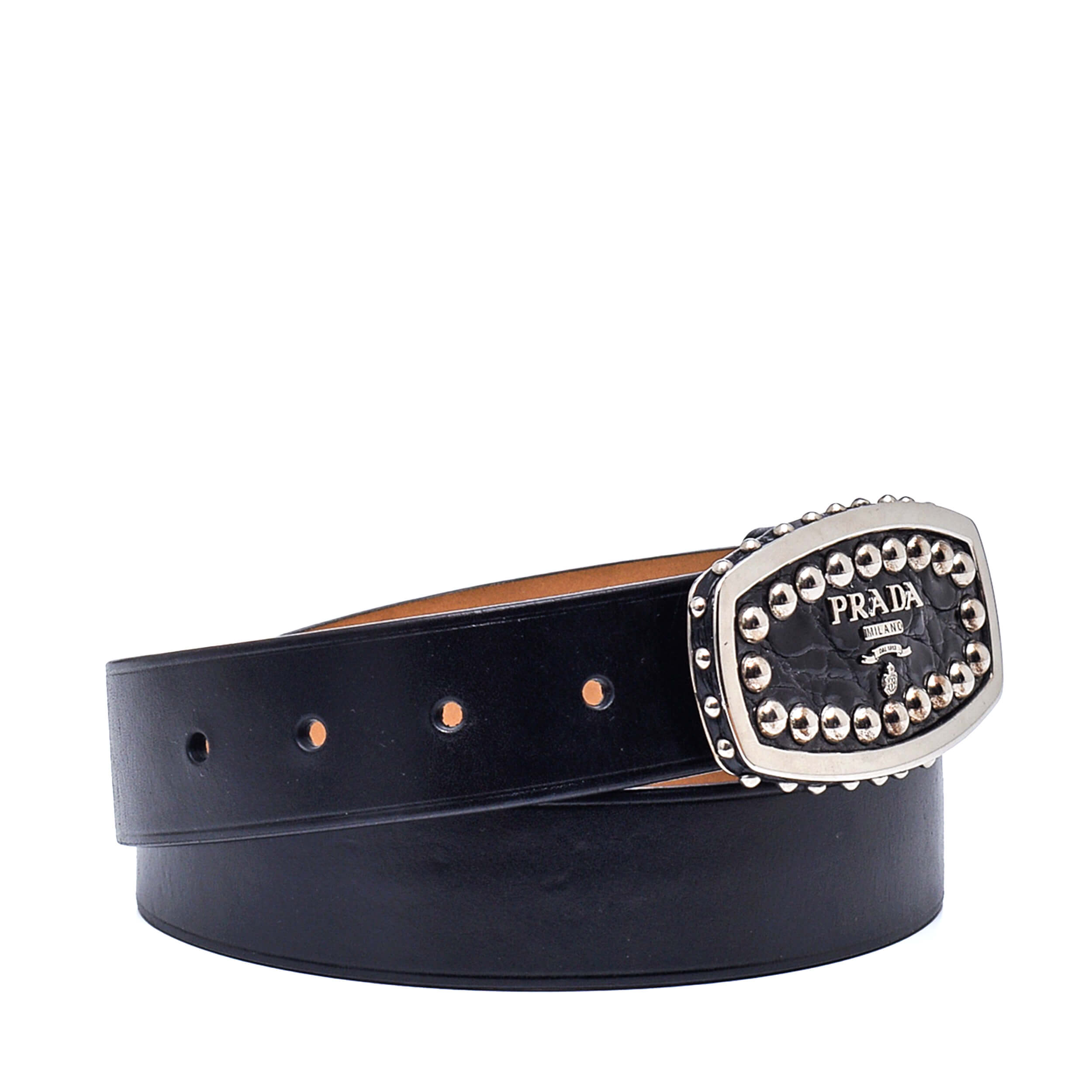 Prada - Black Leather Stud Logo Buckle Belt / 85cm